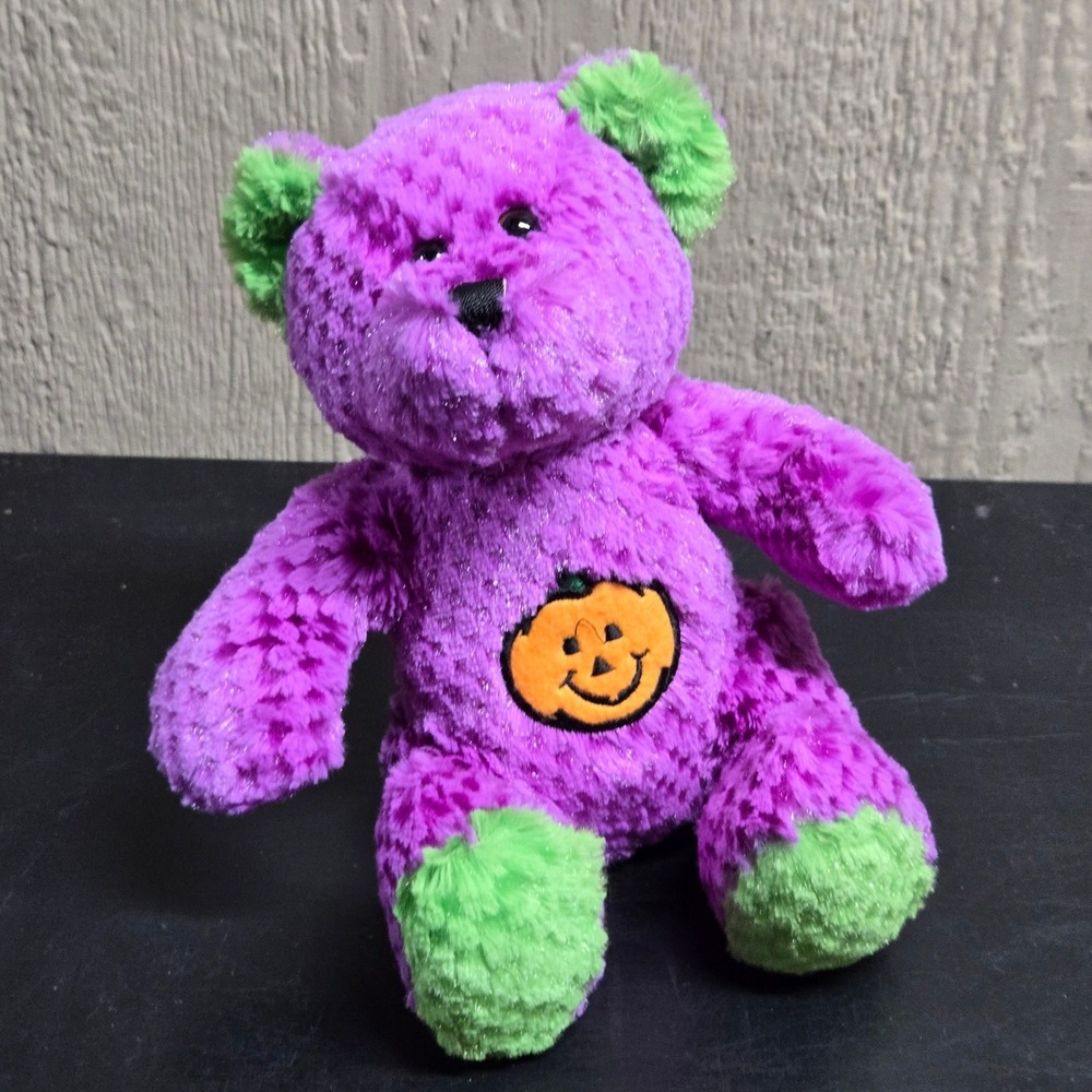 Fiesta Toy Purple Green Halloween Bear Plush Jack O Lantern Pumpkin Patch 7.5"